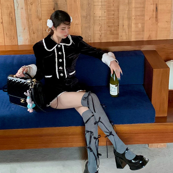 Fashion niche ballet style socks strap bow knee socks female college style jk calf stacking socks