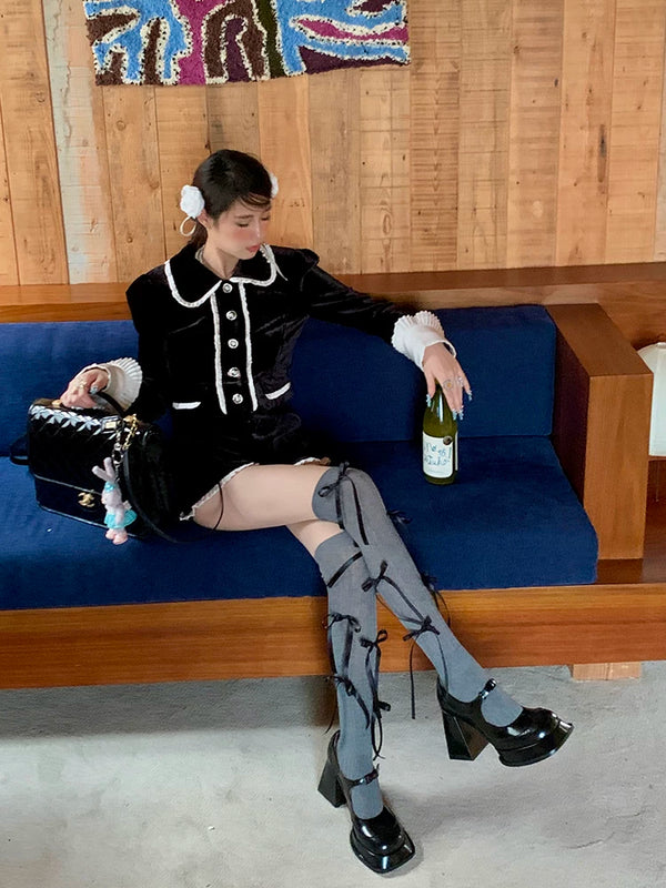 Fashion niche ballet style socks strap bow knee socks female college style jk calf stacking socks