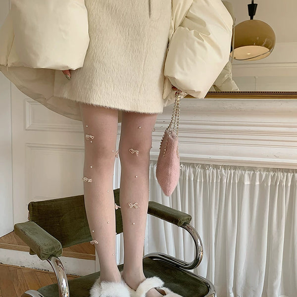 Fashion original niche design bow crystal pearl milk white one-piece socks sexy college style stockings