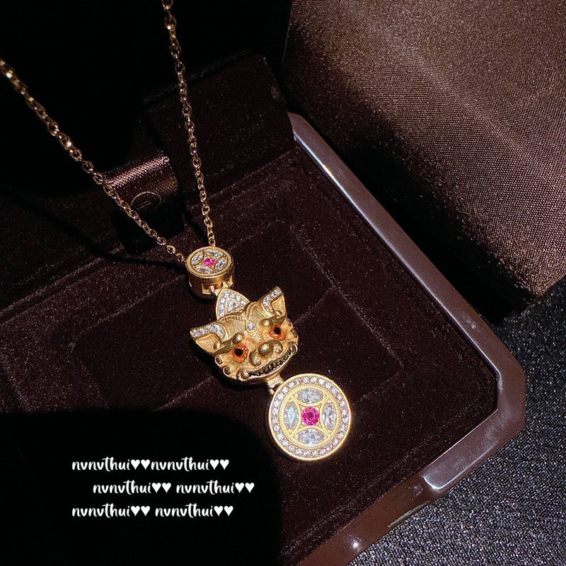 Ancient gold chiseled copper coins, dynamic Pixiu sparkling diamond pendant necklace, eyes moving Chinese necklace