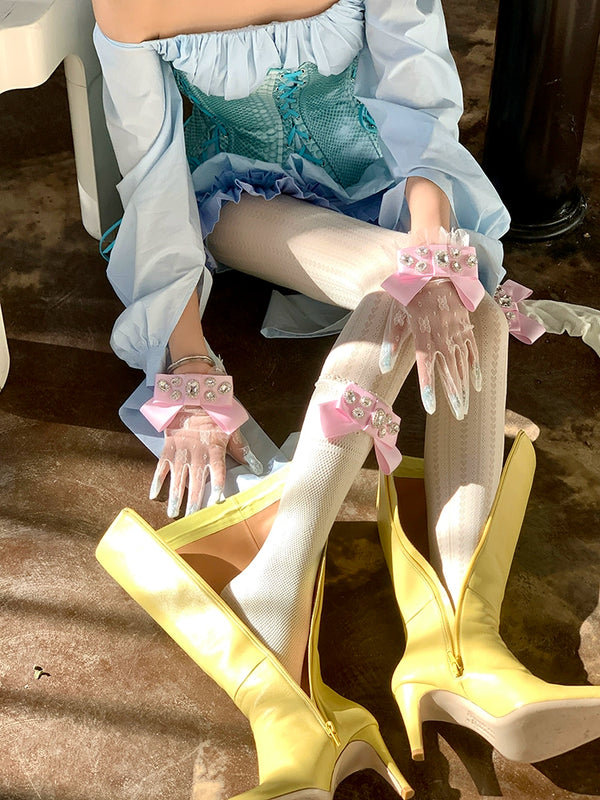 Fashion niche, girlish court gorgeous bow ribbon inlaid gemstone lace mesh tube socks