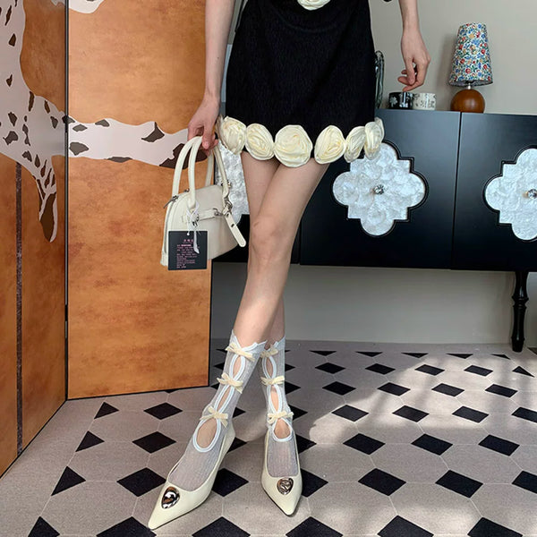 Summer new French light luxury elegant niche women's bow white tube socks