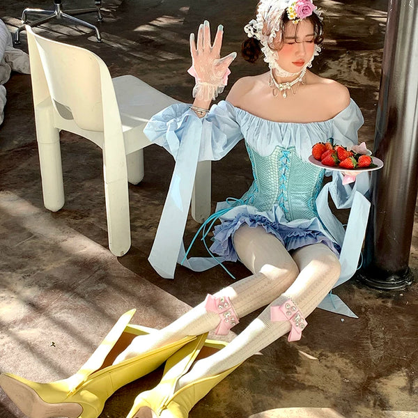 Fashion niche, girlish court gorgeous bow ribbon inlaid gemstone lace mesh tube socks