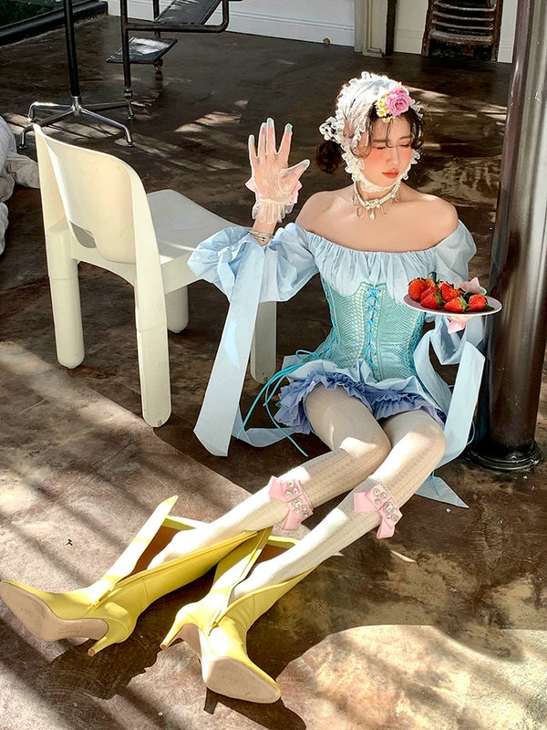 Fashion niche, girlish court gorgeous bow ribbon inlaid gemstone lace mesh tube socks