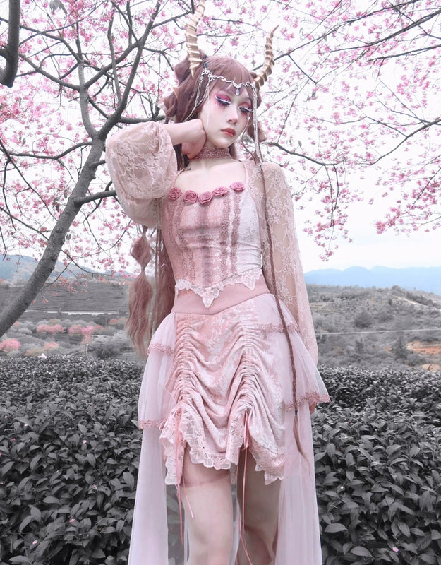 Original ◆ Sakura nightmare romantic gothic design embossed lotus root pink embroidered court half length skirt