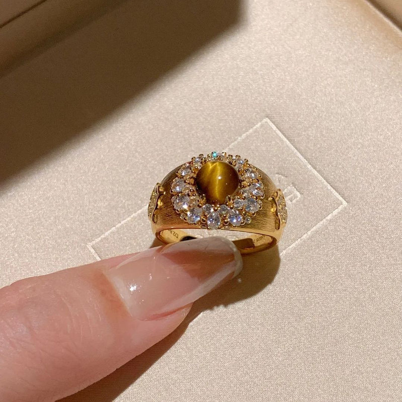 Vintage brushed Maillard natural tiger's eye stone ring, light luxury, high-end stacking, super flash micro-inlaid wide index finger ring
