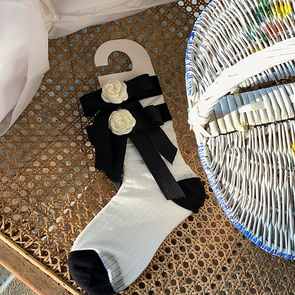 Fashion niche tube socks three-dimensional camellia bow socks summer thin niche design black tube socks