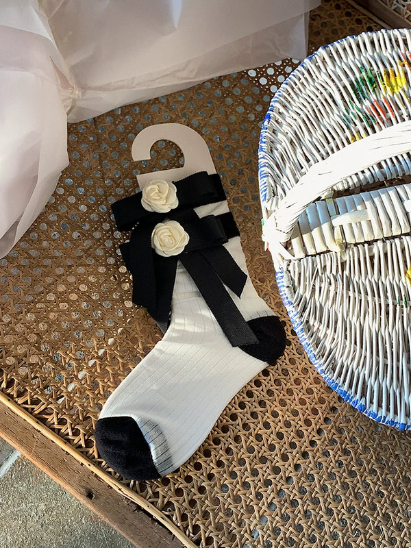 Fashion niche tube socks three-dimensional camellia bow socks summer thin niche design black tube socks