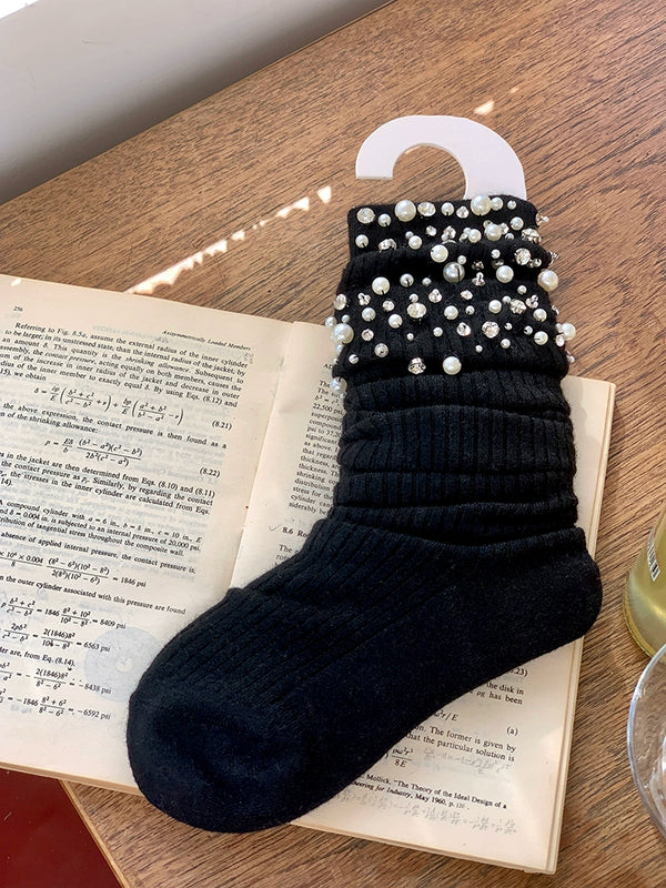 Fashion original niche design hand-sewn drill beads black medium tube stacking socks calf socks