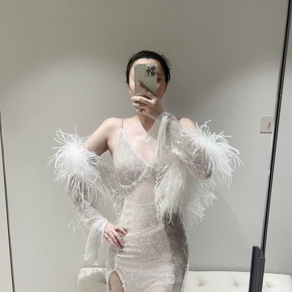 Muse Micro Transparent Crystal Sequins Ostrich Hair Sleeves High Slits Long Skirt Set Light Wedding Dress Skirt