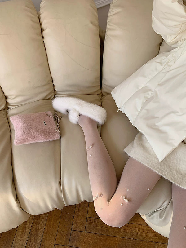 Fashion original niche design bow crystal pearl milk white one-piece socks sexy college style stockings