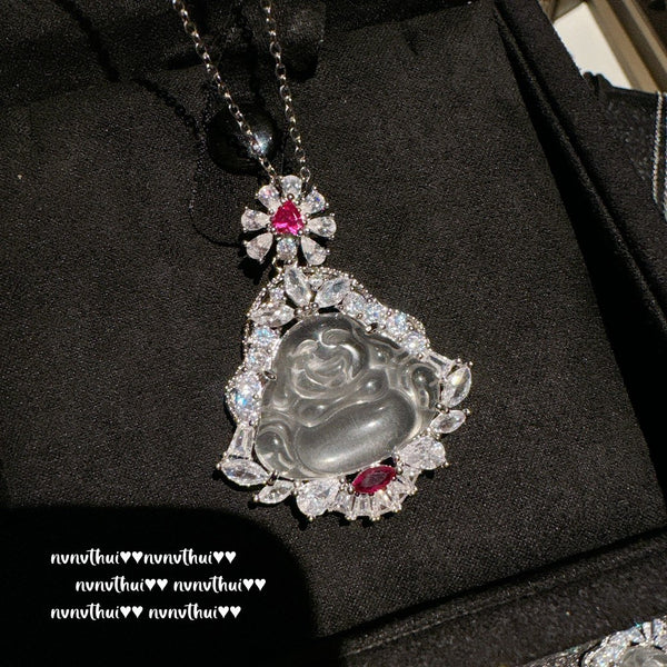 Litchi frozen white jade petal Buddha pendant necklace, new Chinese style ice transparent water foam jade Maitreya Buddha necklace