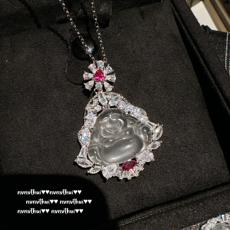 Litchi frozen white jade petal Buddha pendant necklace, new Chinese style ice transparent water foam jade Maitreya Buddha necklace