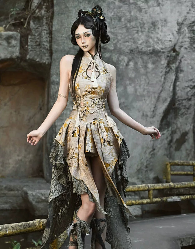 New chinoiserie button birdcage water drop collar cheongsam short tops christmas