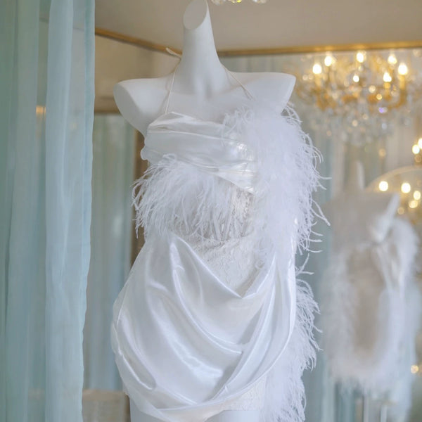 Ostrich hair acetic acid satin neck lace French fairy evening dress dress