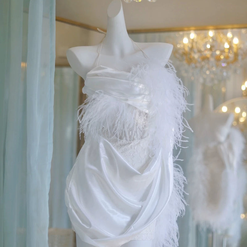 Ostrich hair acetic acid satin neck lace French fairy evening dress dress