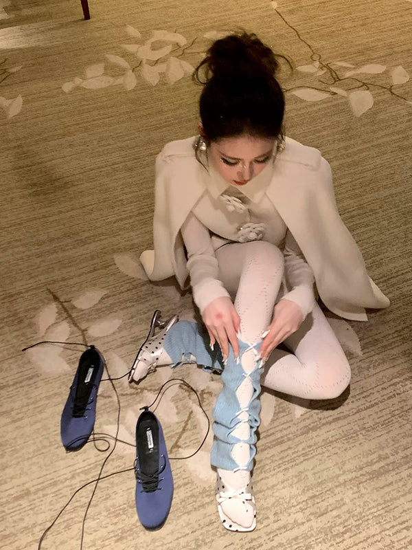 Fashion niche, white autumn and winter bow stacked socks women's knitted wool ballet open stacked calf cover