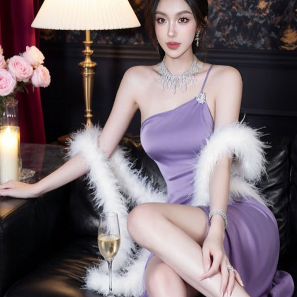 Sexy Spice Slash Shoulder Rhinestone Party Birthday Suspender Dress Split Dress Pure Desire Purple Dress Dress