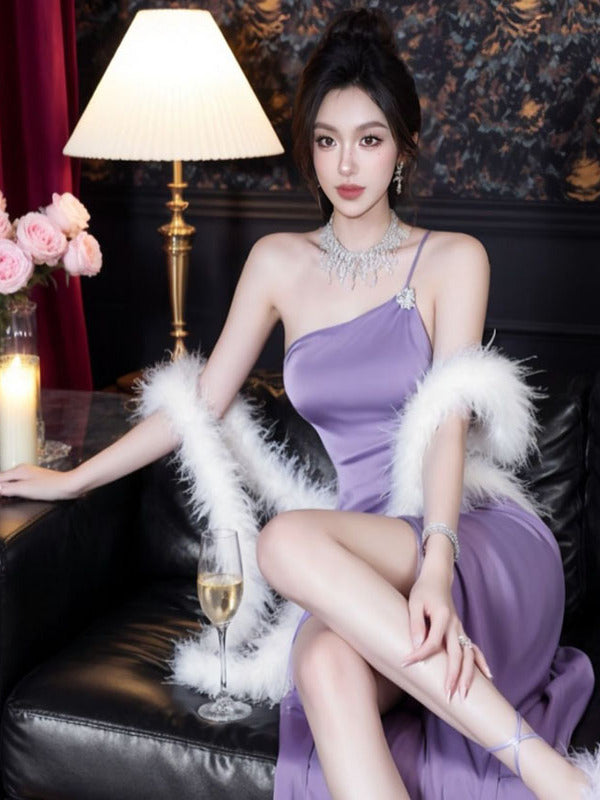 Sexy Spice Slash Shoulder Rhinestone Party Birthday Suspender Dress Split Dress Pure Desire Purple Dress Dress