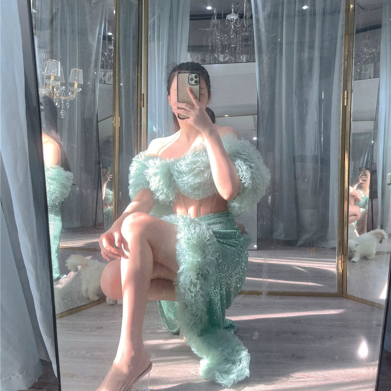 Mint Mambo | Fishbone Corset One-word Neck Fungus Edge Three-dimensional Flower High Split Sequins Wrap Skirt Set