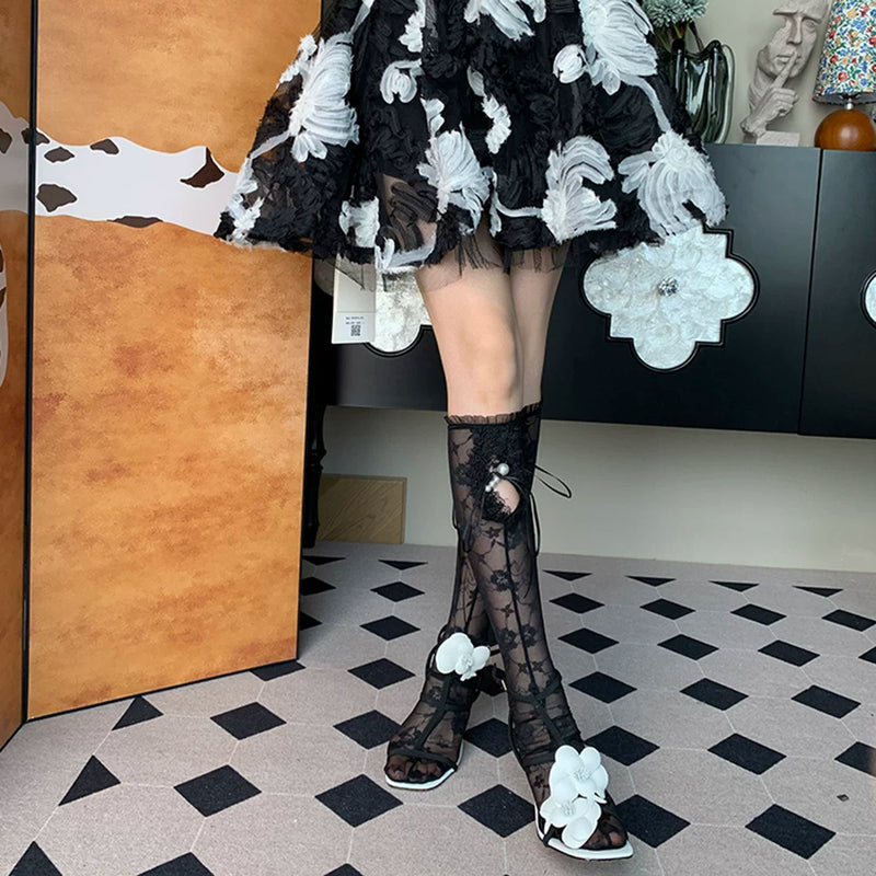 2025 autumn new French light luxury retro romantic elegant niche black pearl lace-up calf socks women DF