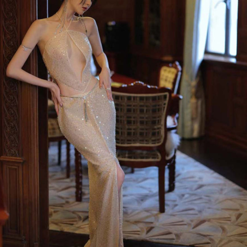 Spice Girl Sexy Sequins Neck Hollow Princess Birthday Party Dress Long Dress Noble Heavy Industry Split Skinny Dress