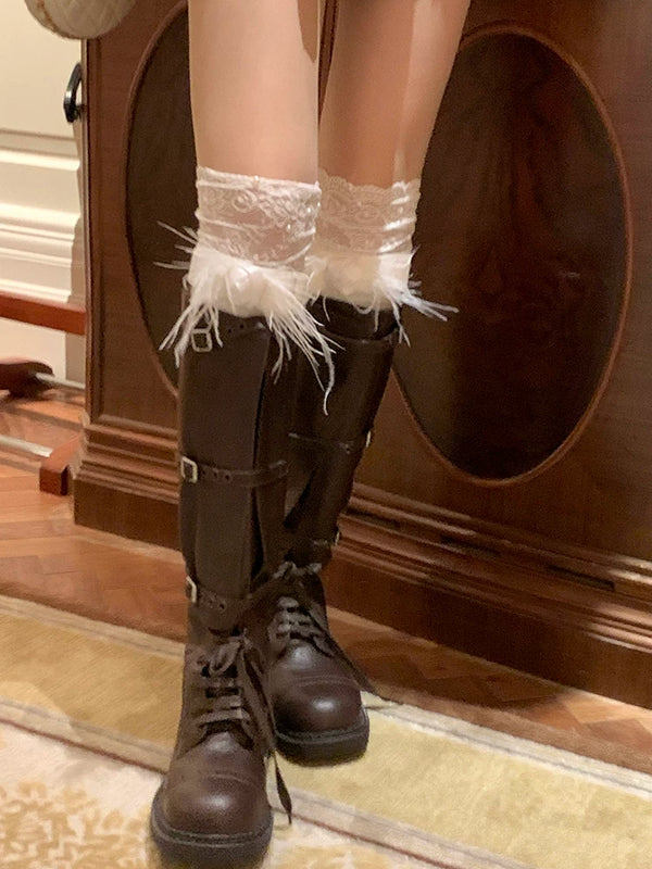 Fashion Autumn and Winter Knee Calf Lace Bow Stacking Socks Pure Desire Wind Royal Sister Knight Boots Socks