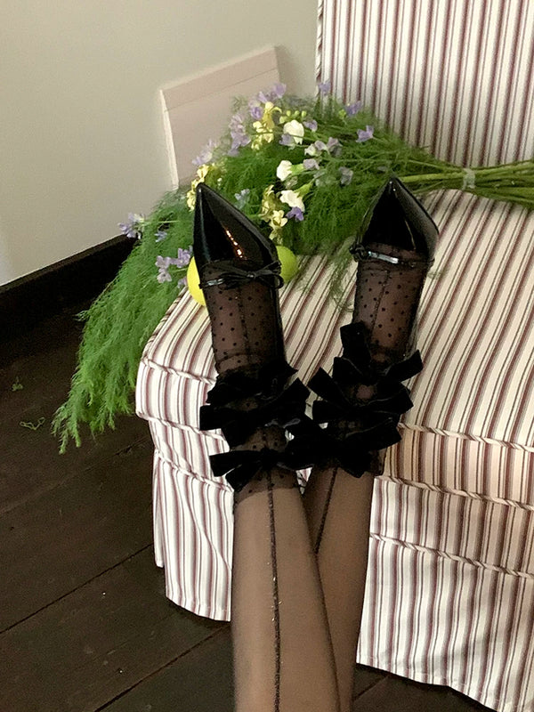 Fashion niche velvet bow mesh stacking socks pure desire white polka dot fairy transparent yarn medium tube socks