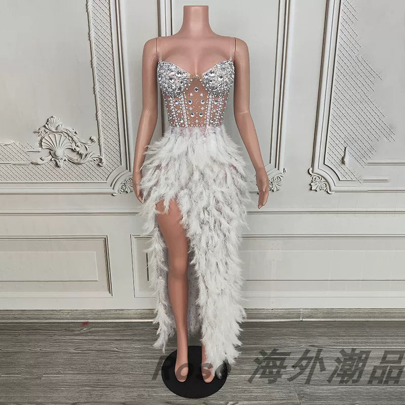 Elegant white swan-inspired feather skirt dress - slimming, rhinestone embellished mini dress for vacation, runway, party, and evening events