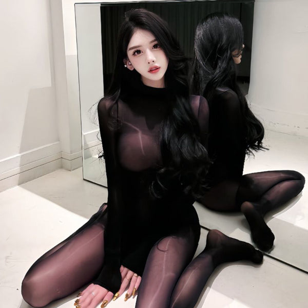 Sexy, shiny, ultra-thin, fully transparent seamless jumpsuit with silky smooth opening crotch, tempting full body wrapping sensation, black stockings
