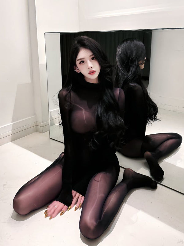 Sexy, shiny, ultra-thin, fully transparent seamless jumpsuit with silky smooth opening crotch, tempting full body wrapping sensation, black stockings