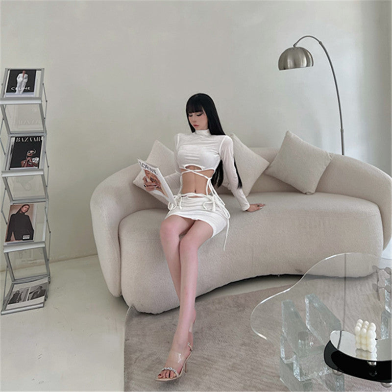 Spice Girl Velvet Suit Women's Spring and Autumn New Fried Street Pure Desire Milk Sweet Semi-turtleneck Cross Strap Long Sleeve Short Skirt