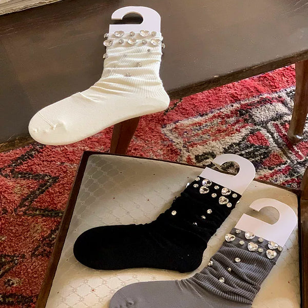 Fashion niche, handmade original luxury exaggerated rhinestone thin vertical strip ballet calf socks middle tube