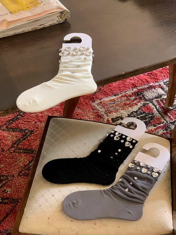 Fashion niche, handmade original luxury exaggerated rhinestone thin vertical strip ballet calf socks middle tube