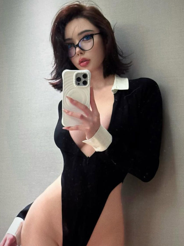 Hot girl low cut zipper lapel sexy street fashion black and white color blocked jumpsuit top high waisted hot girl long sleeved spring