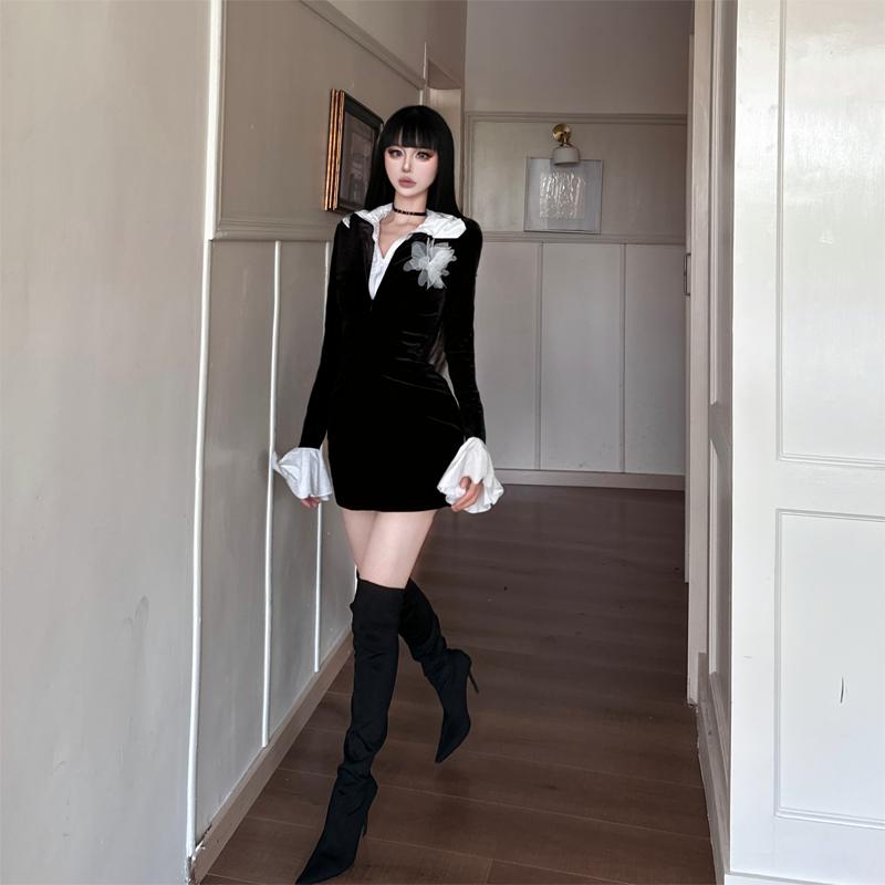 Autumn and winter zipper fake two-piece three-dimensional flower mourning black short skirt shirt skirt lapel design velvet dress