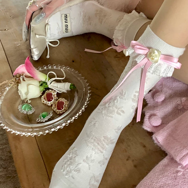 Fashion niche Yu Shuxin same bow tube socks lace thin bow Lolita style