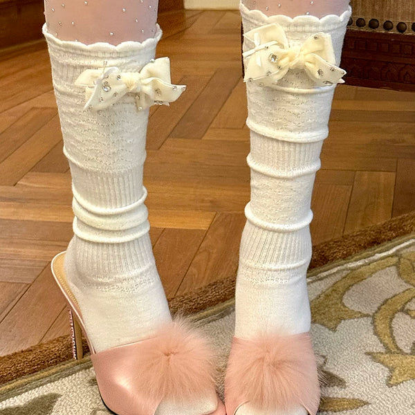 Fashion niche, design spring and summer thin bow jk socks milk white mesh rhinestone miu wind calf socks