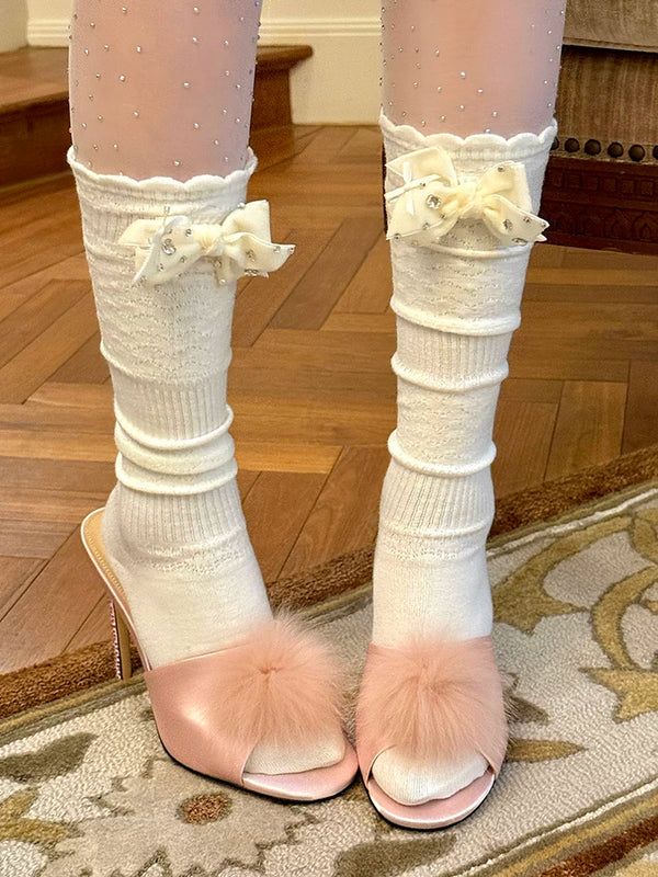 Fashion niche, design spring and summer thin bow jk socks milk white mesh rhinestone miu wind calf socks