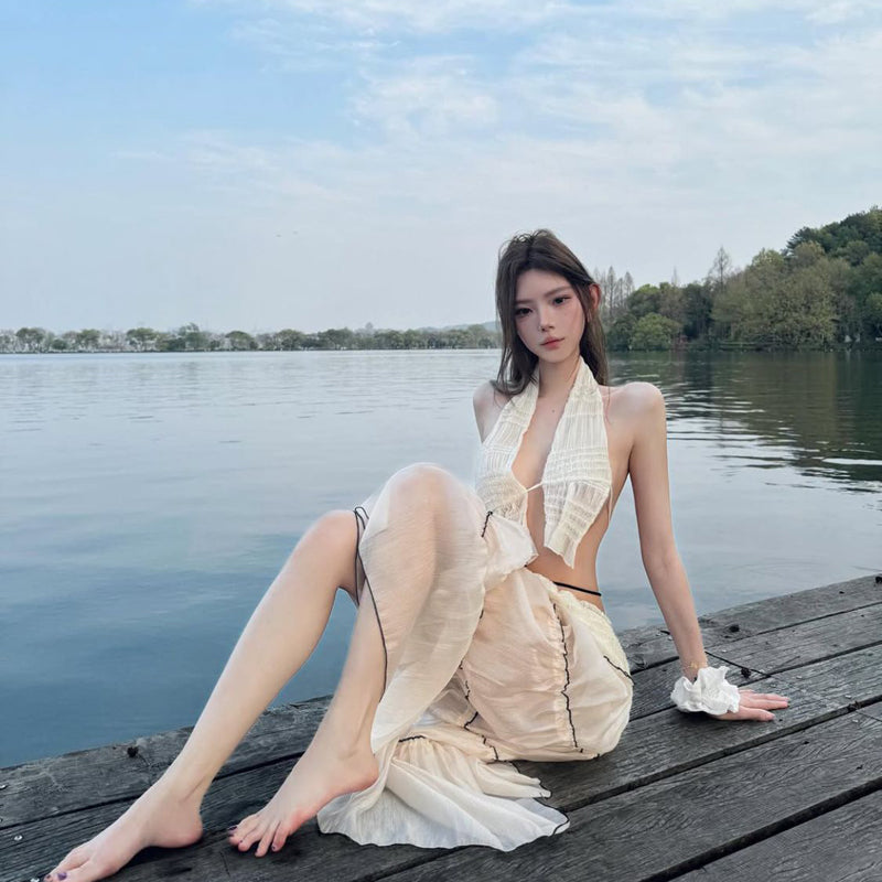 Pure Desire Wind Sexy Hot Girl Bareback Hanging Neck Dress for Women's Summer Beach Vacation, Slimming and Hip hugging Long Dress