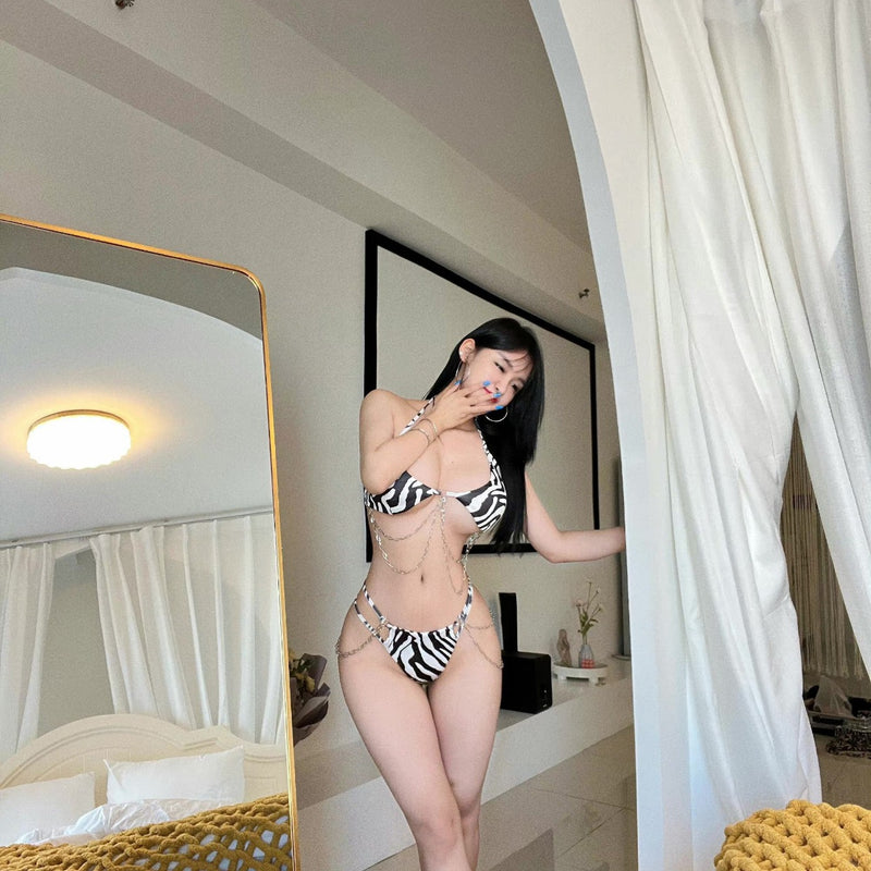 Summer Fashion Hottie Sexy Chain Neck Bikini Suit Small Breasts Gathering Animal Pattern Hot Spring Triangle Swimsuit