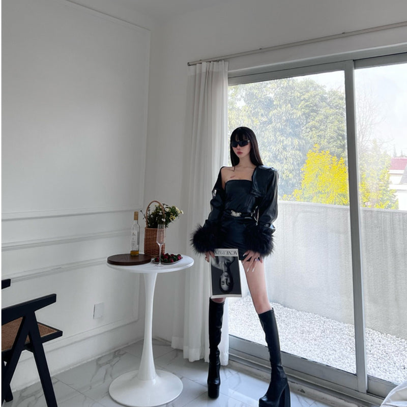 Spice girl black tube top PU short skirt locomotive leather jacket blazer women autumn and winter fur sleeve jacket suit women