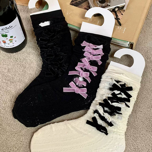 Fashion niche Zhang Yuanying same flocking bow hollow knee socks lace retro thin high tube socks