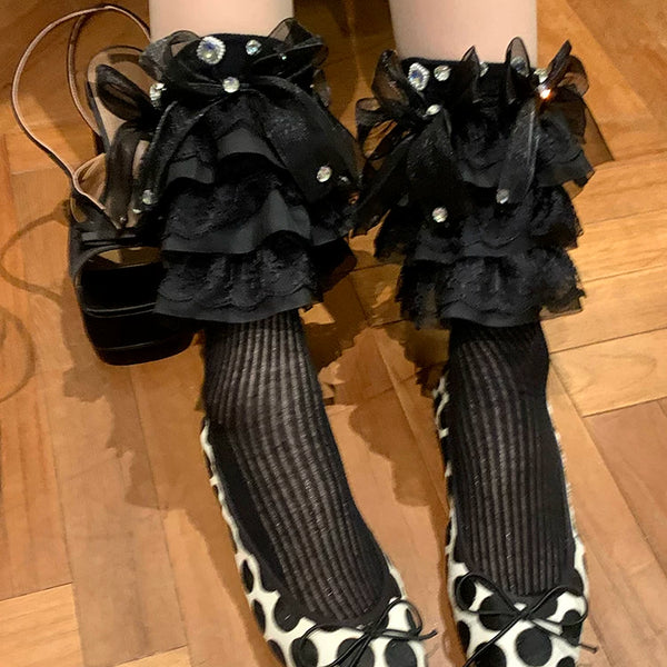 Fashion niche, design thin mesh lace diamond women's stacking socks cute medium tube socks student socks