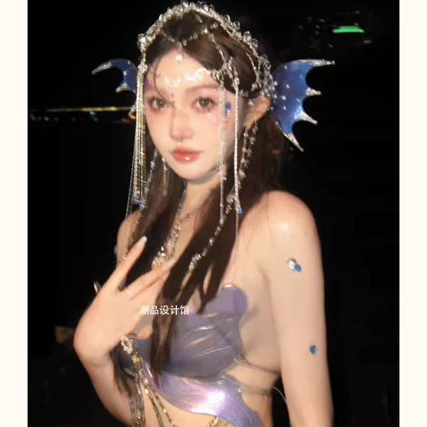 Fairy mermaid pink butterfly bustier beaded chain bra bandeau top sequin skirt handmade