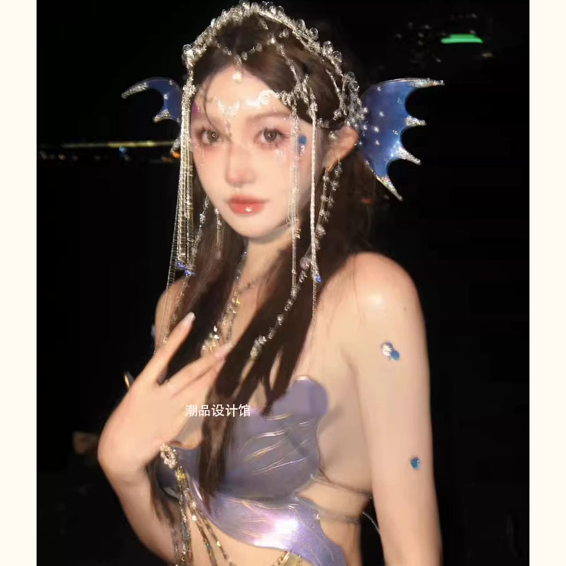 Fairy mermaid pink butterfly bustier beaded chain bra bandeau top sequin skirt handmade