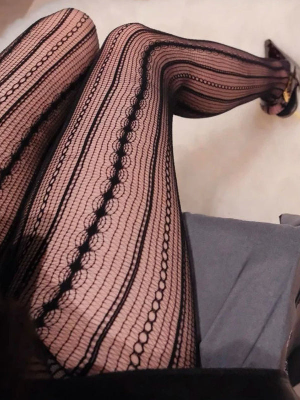 Sexy hot girl hollow striped pantyhose niche design slimming black stockings base socks mesh socks