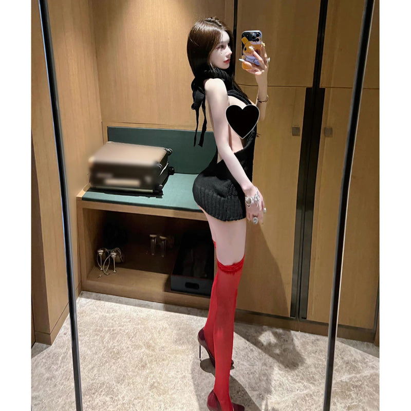 High neck neck dress women's summer backless knitting black slim pure desire coffee break skirt scheming design short skirt