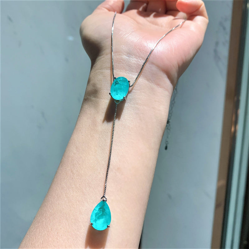 Simulated Caibao European and American imitation Paraiba earrings 10 * 14 pendant necklace 10 * 14 set