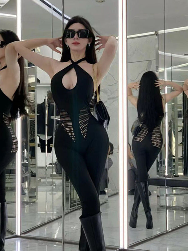 Neck crossed backless black slim jumpsuit sleeveless hollow low-cut small slim-fitting trousers spring and autumn